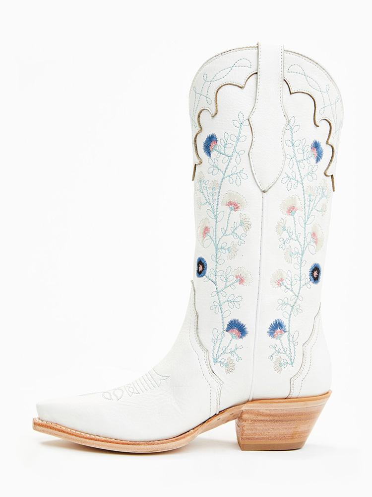 Floral Embroidered Pointed-toe Slip-on Mid-Calf Cowgirl Boots With Chunky Heel