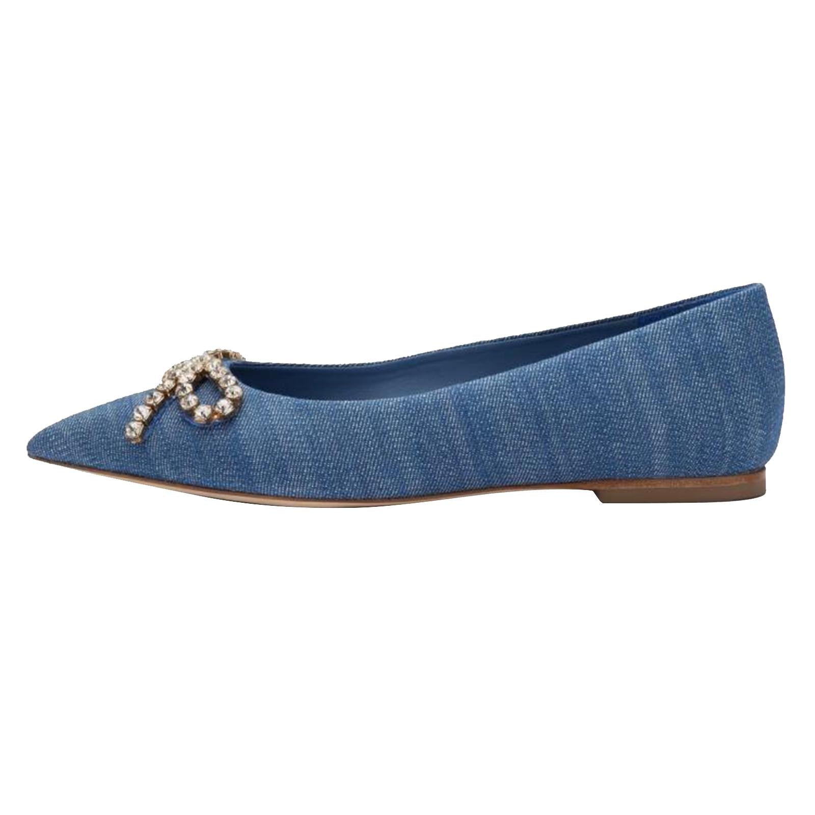 Blue Denim Rhinestone Bow Pointed Ballet Flats For Women