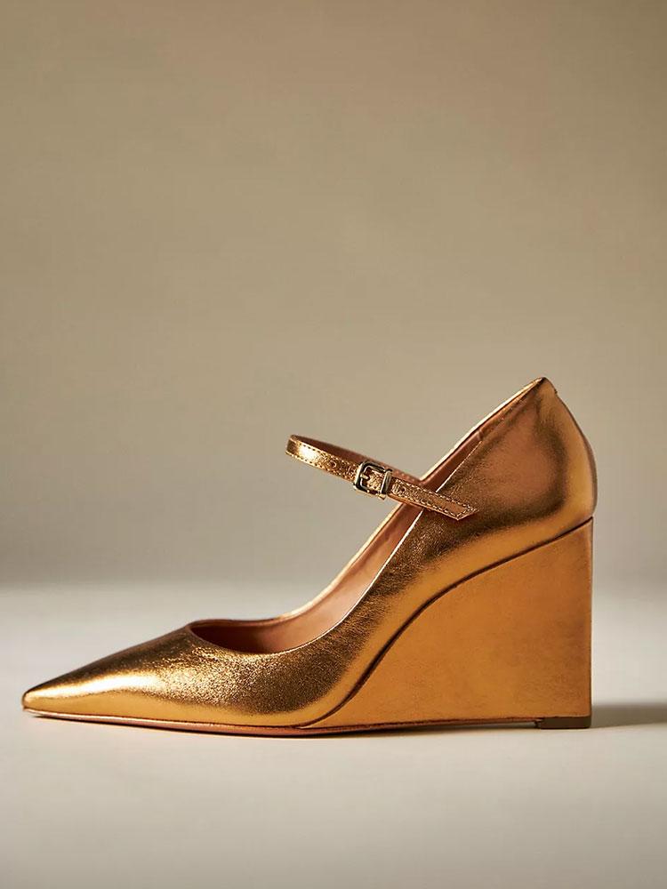 Pointy Buckled Instep Strap Wedge Pumps - Metallic Gold & Black