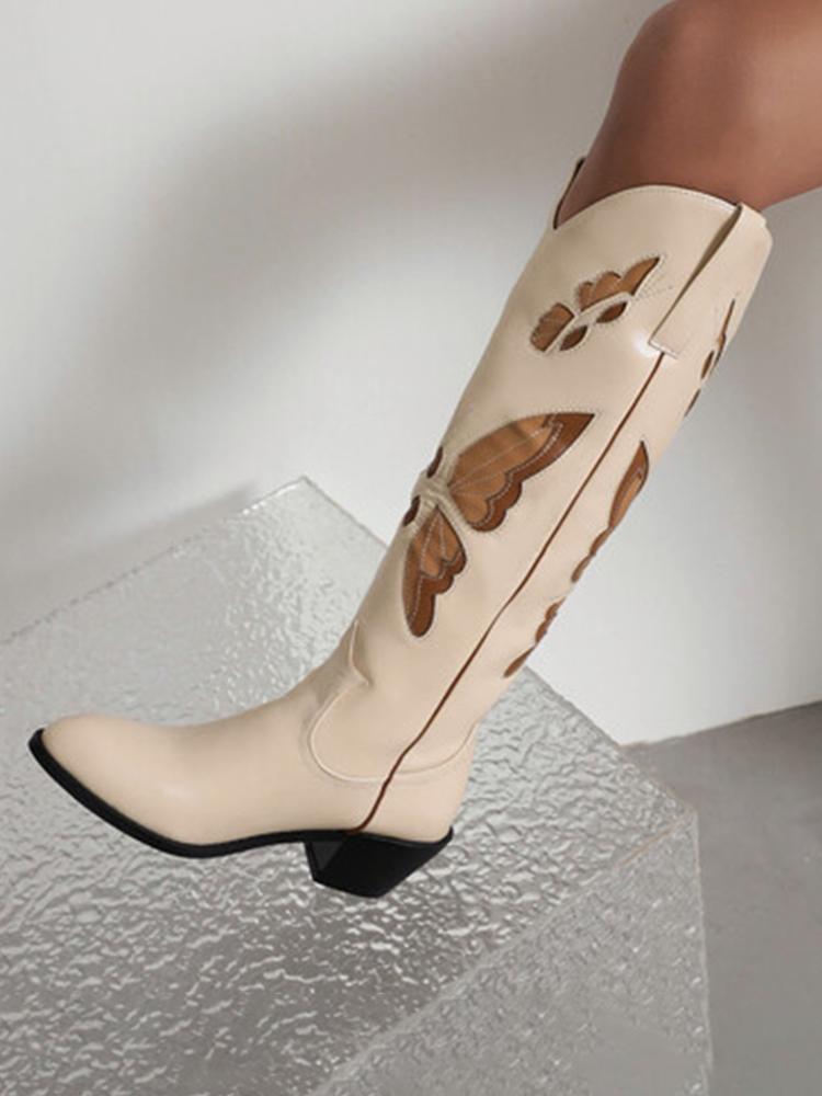 Butterfly Embroidery Pointed-toe Chunky Heels Wide Slip-on Knee High Cowgirl Boots