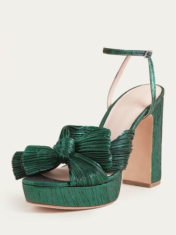 Black Green Pleated Bow Heels For Wide Feet  Block Heel Platform Sandals