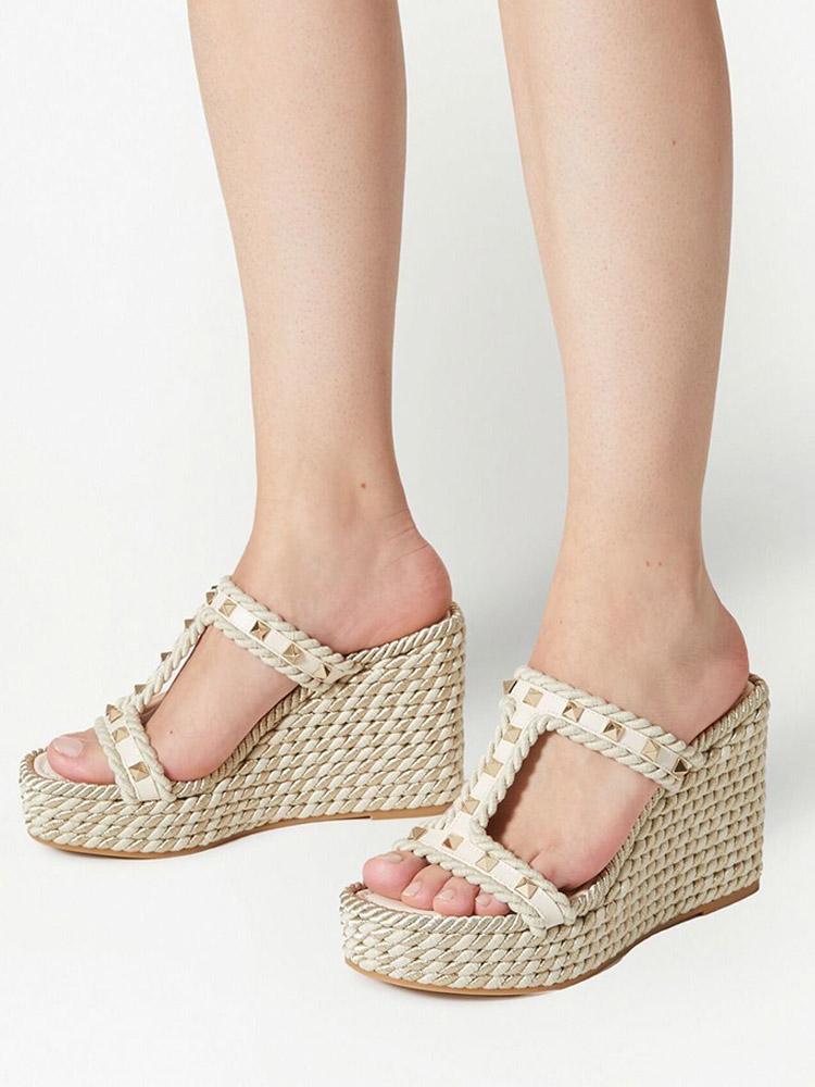 Ivory White H-Band With Rockstuds Open-toe Slip-on Espadrille Wedge Sandals