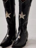 Black Metallic Star Western Mid Calf Boots Zipper Snip Toe Block Heeled Cowgirl Boots