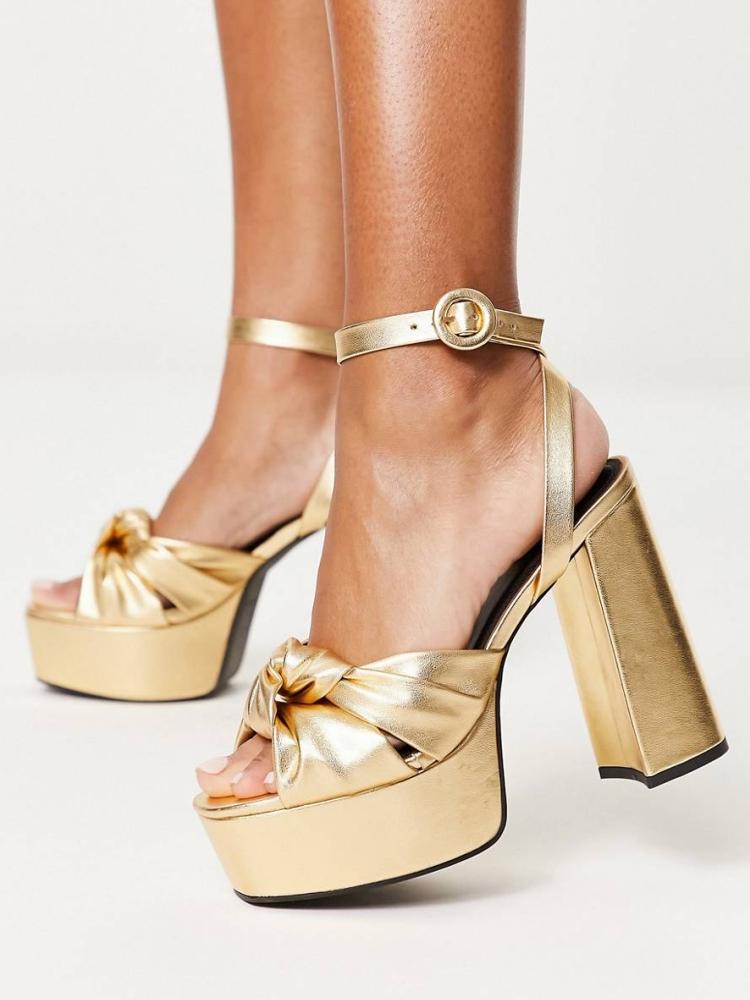 Knotted Square Toe Block Heeled Sandals With Buckle Ankle Strap Platform