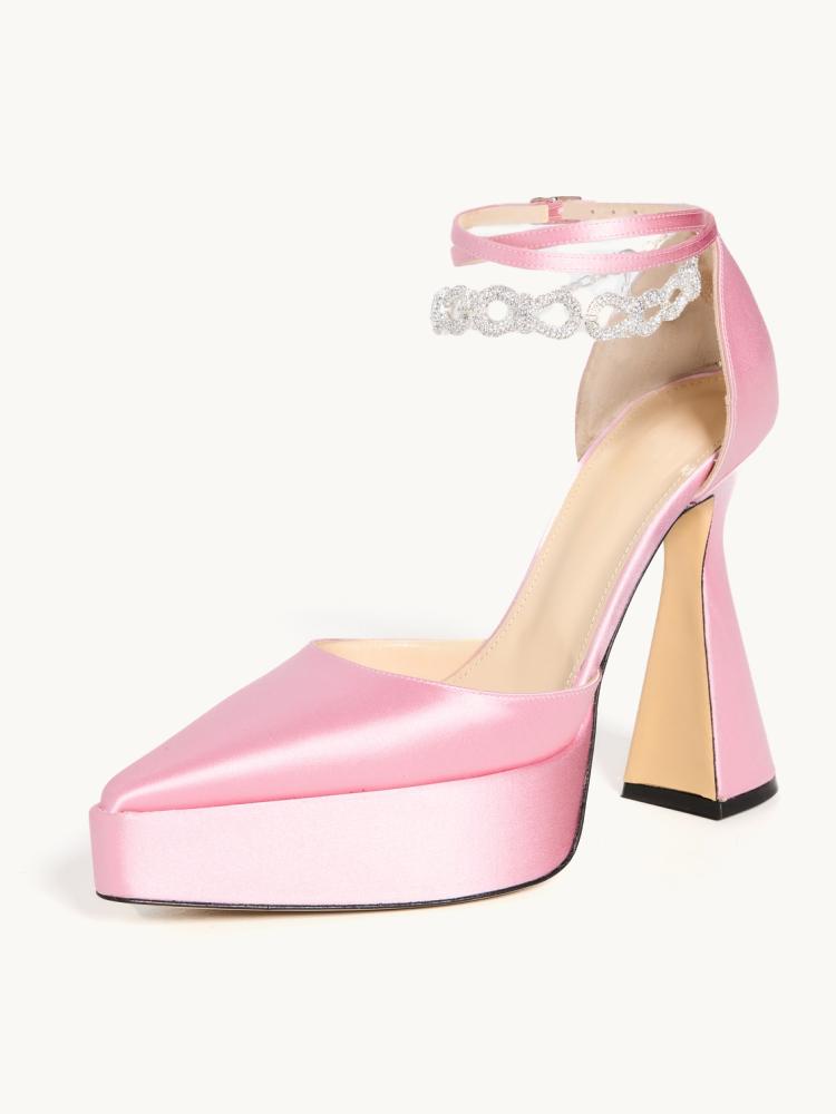 Pink Silk Rhinestone Bow Chain Pointy Platform Pumps With Ankle Strap Flared Heel