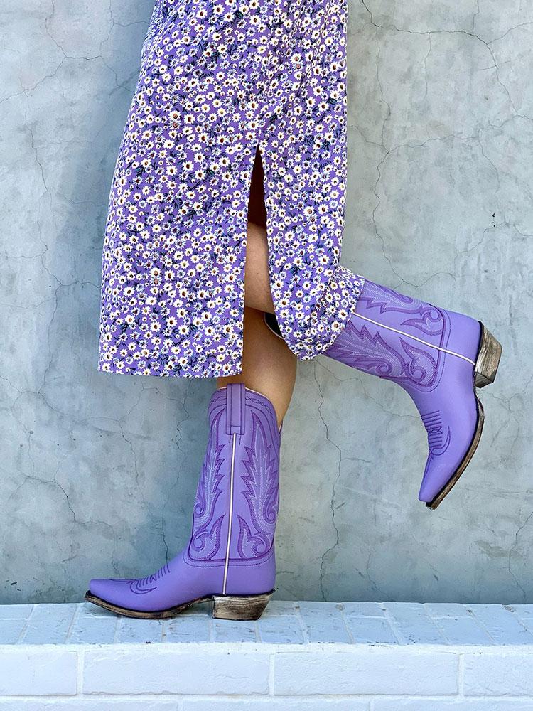 Embroidered Snip Western Wide Mid Calf Boots - Purple, Orange, Pink & Red