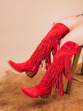 Red Faux Suede Fringe Embroidered Knee High Western Boots With Snip Toe Zipper