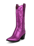 Classic Metallic Bright Embroidered Slip-On Mid Calf Pointed-Toe Chunky Heel Western Chelsea Boots