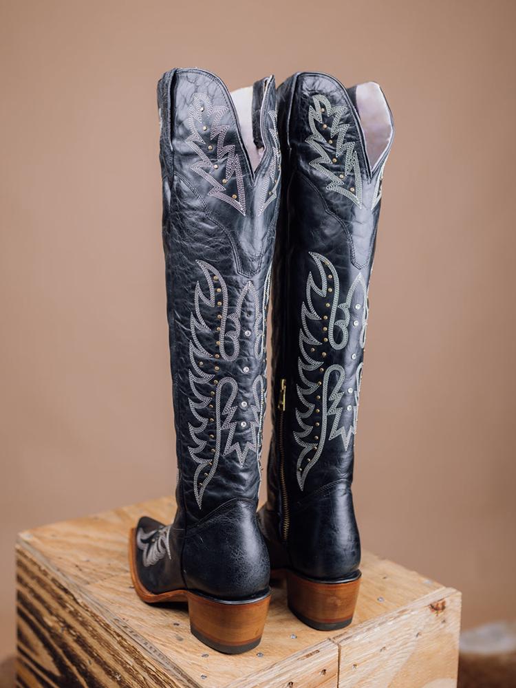 Black Embroidered Studs Rhinestone Snip Zipper Mid Calf Cowgirl Boots
