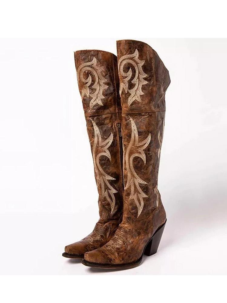 Brown Distressed Faux Suede Embroidery Snip-toe Slip-on Knee Length Western Boots