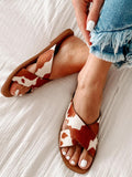 Brown Cow Print Cross Strap Open Round Toe Comfy Flats Slippers For Women