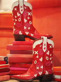 Contrast Red White Pink Heart Lips Stitch Slanted Heel Snip Toe Western Mid Calf Boots