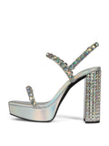 Iridescent Rhinestone Platform Chunky Heeled Sandals With Square Toe Ankle Strap Buckle