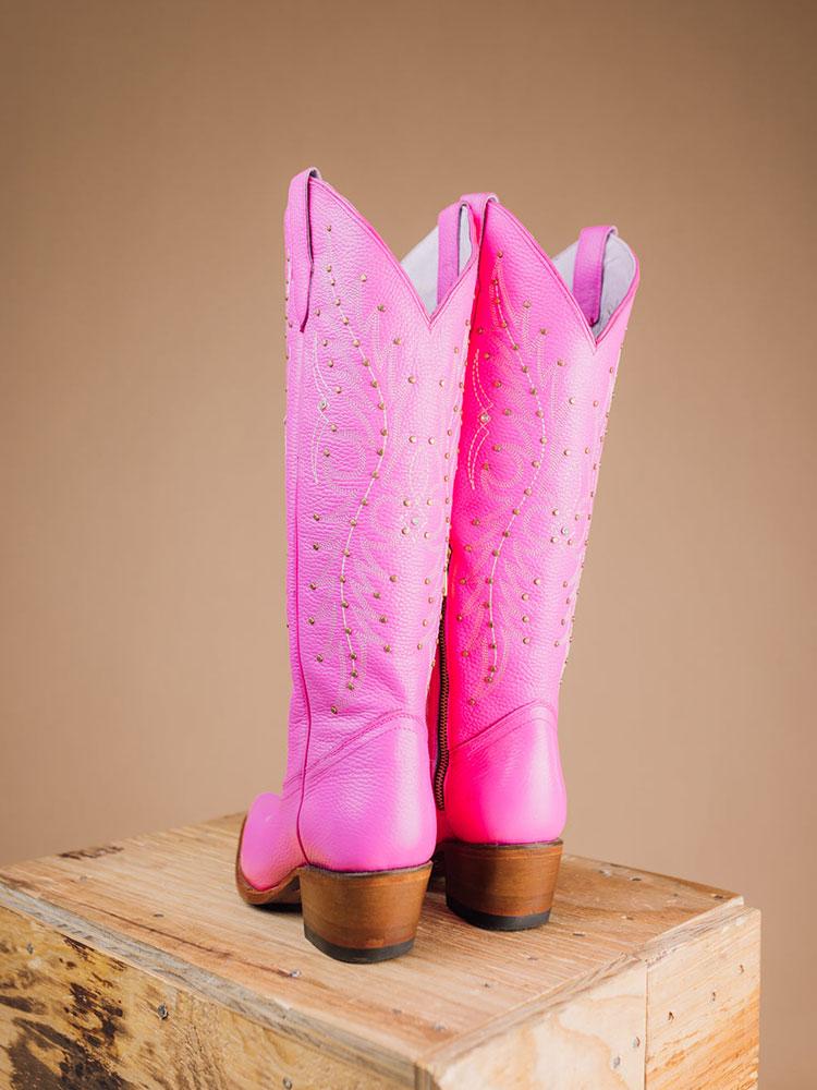 Pink Embroidered Stud Snip Zipper Mid Calf Cowgirl Boots