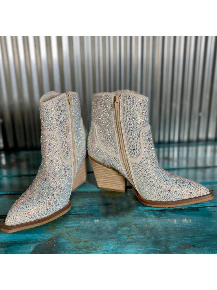 White Rhinestone Cowgirl Ankle Boots Block Heeled Western Booties