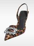 Fashion Rhinestone Embellished Leopard Slingback Flared-Heeled Pointed-Toe Pumps