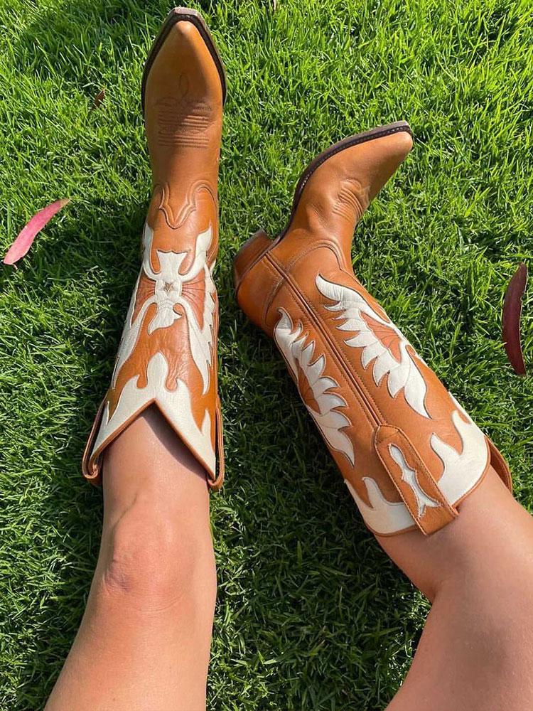 Brown Eagle Inlay Wide Mid Calf Western Boots With Pointed Toe