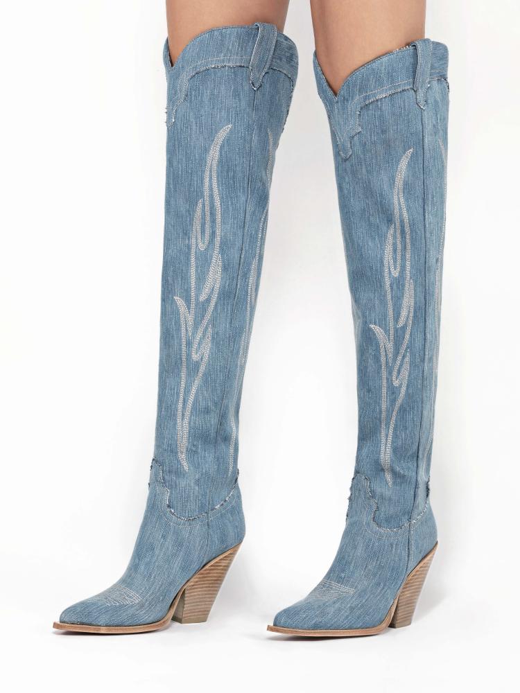 Denim Embroidered Chunky Heel Zipper Western Over-The-Knee Boots