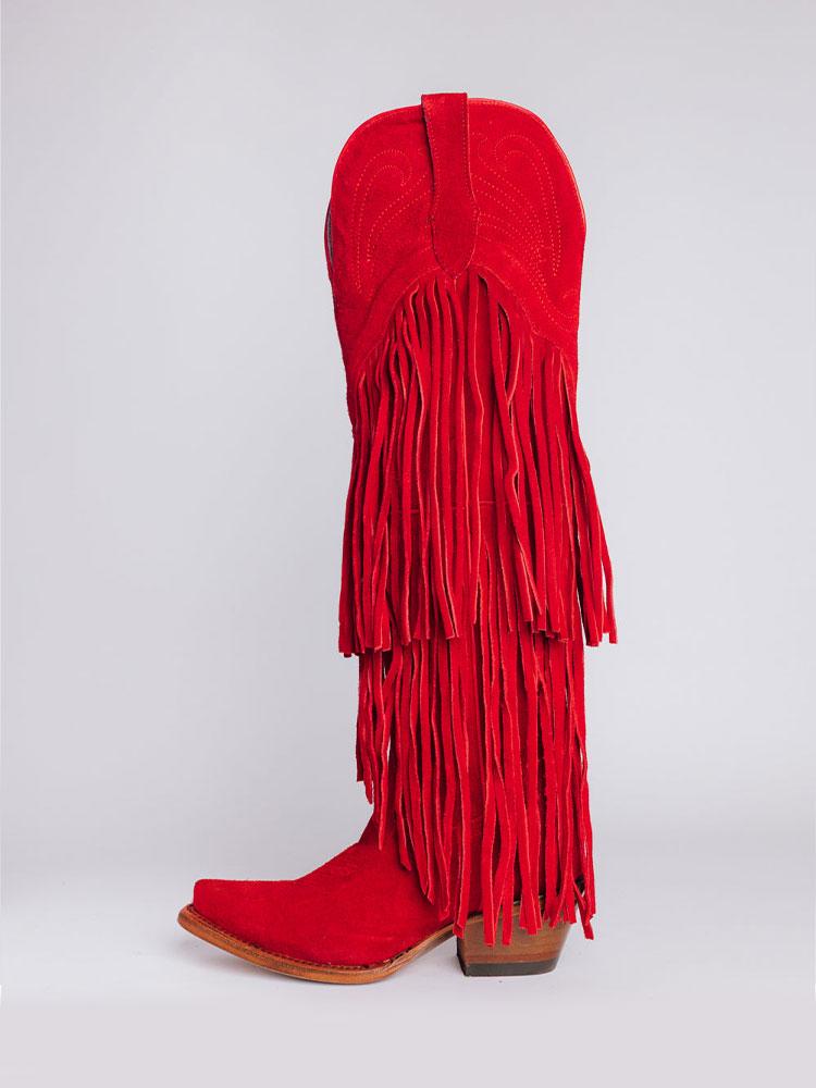 Red Faux Suede Fringe Embroidered Knee High Western Boots With Snip Toe Zipper