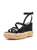 Black Multi Bands Open-toe Espadrille Wedge Sandals With Ankle Strap