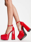 Red Patent Square Toe Block Heeled Pumps With Buckle Ankle Strap Platform