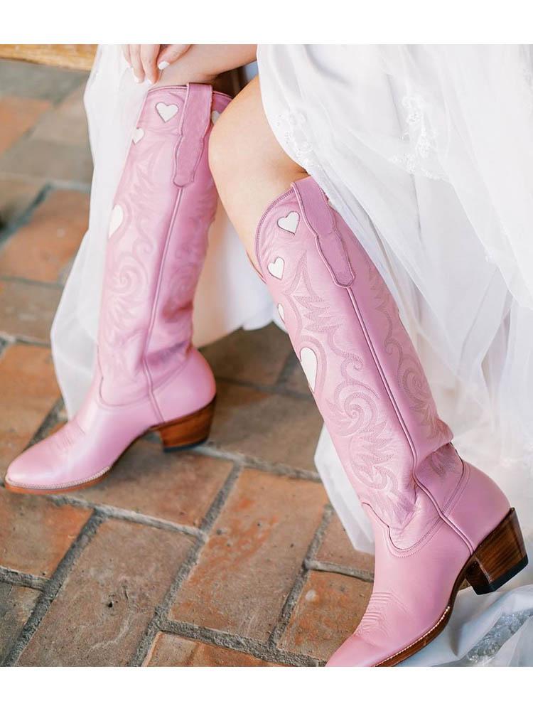 Pink Embroidered Inlay Heart Wide Calf Knee High Boots Round Toe Chunky Heeled Western Boots