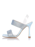 Iridescent Sparkly Rhinestone Square Flared Heeled Sandals Slingbacks With Clear Back Strap