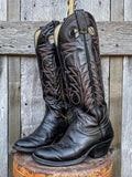 Black Vegan Leather Embroidery Round-toe Slip-on Wide Mid-Calf Cowgirl Boots With Chunky Heel