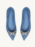 Blue Denim Rhinestone Bow Pointed Ballet Flats For Women