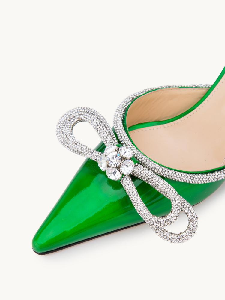 Metallic Green Rhinestone Double Bow Backless Pumps Pointed Toe Kitten Heel Mules