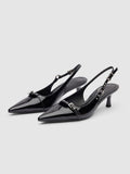 Black Patent Stud Buckled Slingback Pointy Kitten Pumps