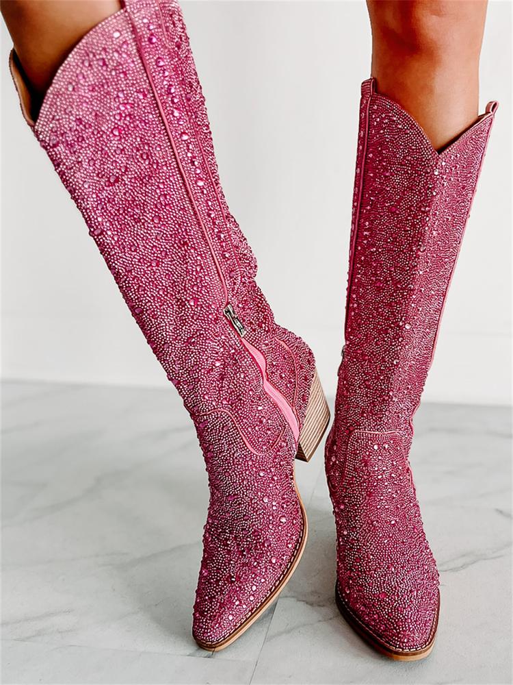 Pink Rhinestone Pointy Slip-on Mid-Calf Cowgirl Boots