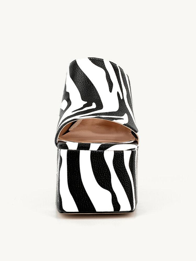 Black Zebra Stripe Backless Platform Block Heeled Sandals Open Square Toe Slip-On Heels