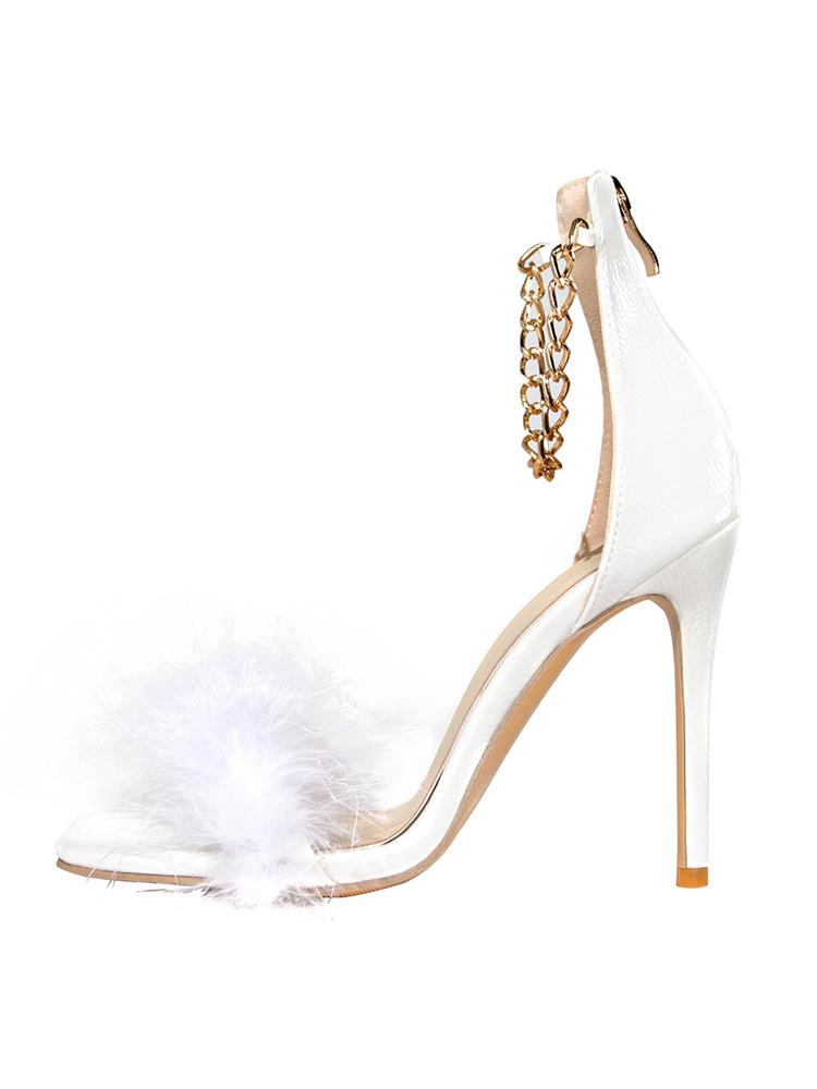 Fluffy Single Band Square-toe Zip Stiletto Heel Sandals With Metal Chains