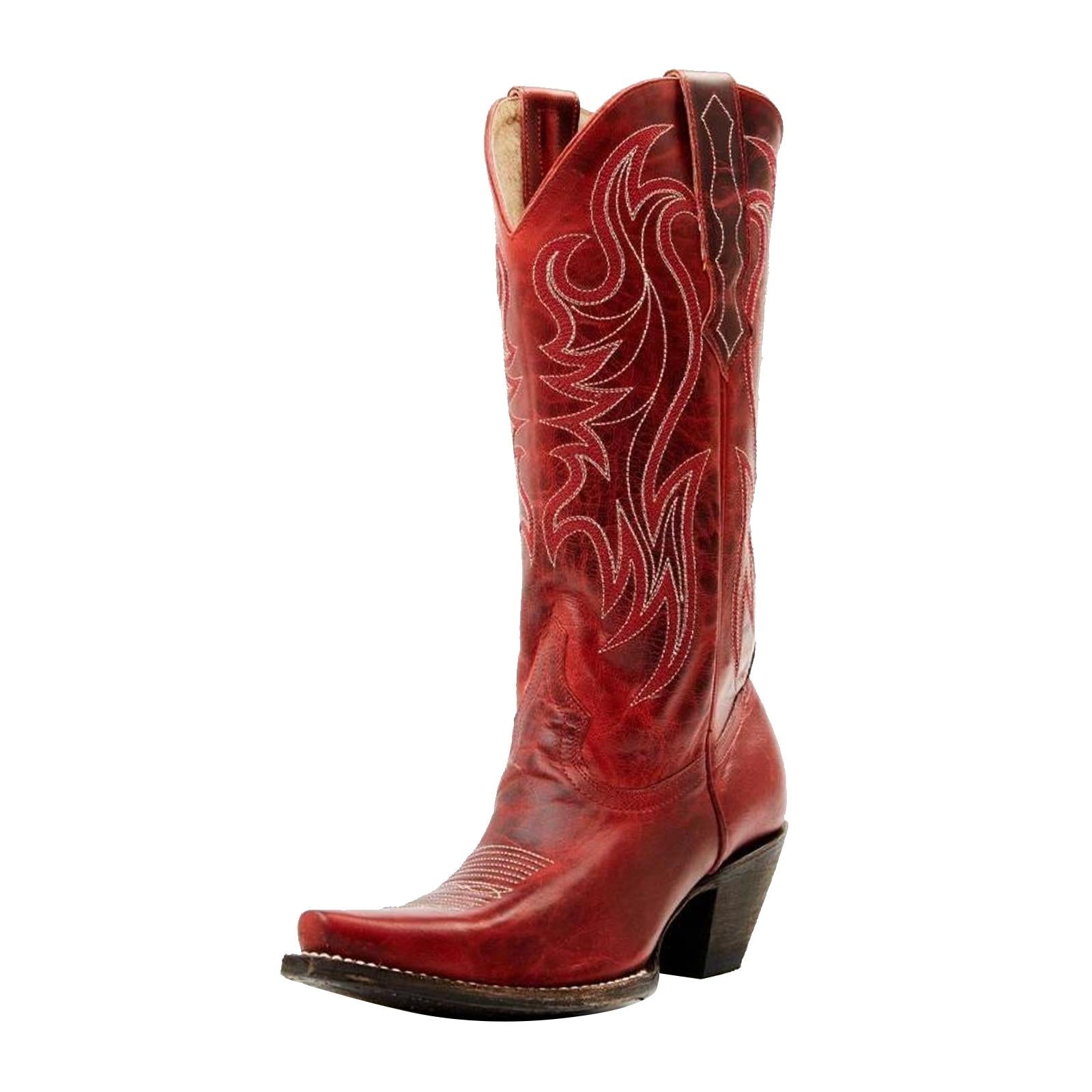 Red Embroidered Snip Toe Thick Heeled Wide Calf Retro Tall Cowgirl Boots