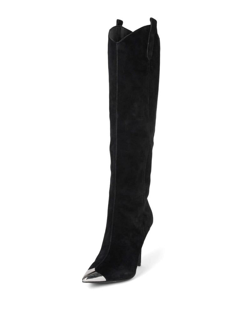 Fashion Denim Mid-Calf Silvery Toe Pointed-Toe Stiletto Heel Boots