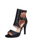 Black Buckle Multi-strap Open-toe Stiletto Heel Slip-on Fashion Sandals With Elastic Side Panels