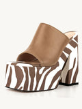 Brown Zebra Stripe Backless Platform Block Heeled Sandals Open Square Toe Slip-On Heels