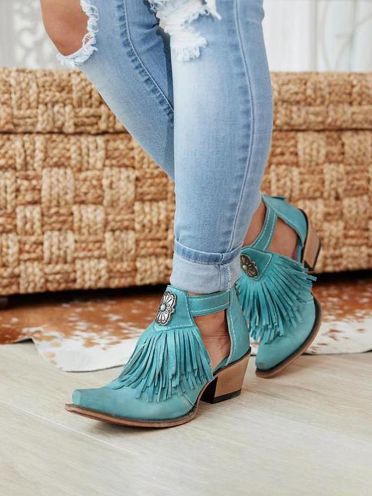 Fringe Exposed Snip-Toe Zip Ankle Cowgirl Boots