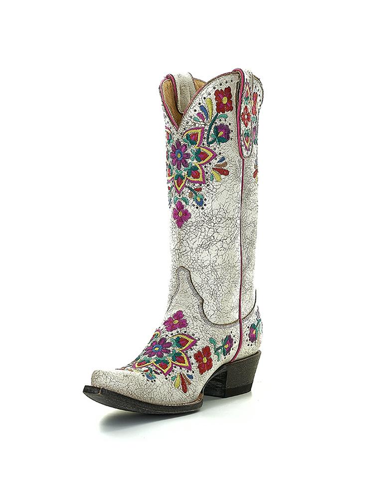 Color Floral Embroidered Retro Snip-toe Slip-on Mid-Calf Western Cowboy Boots