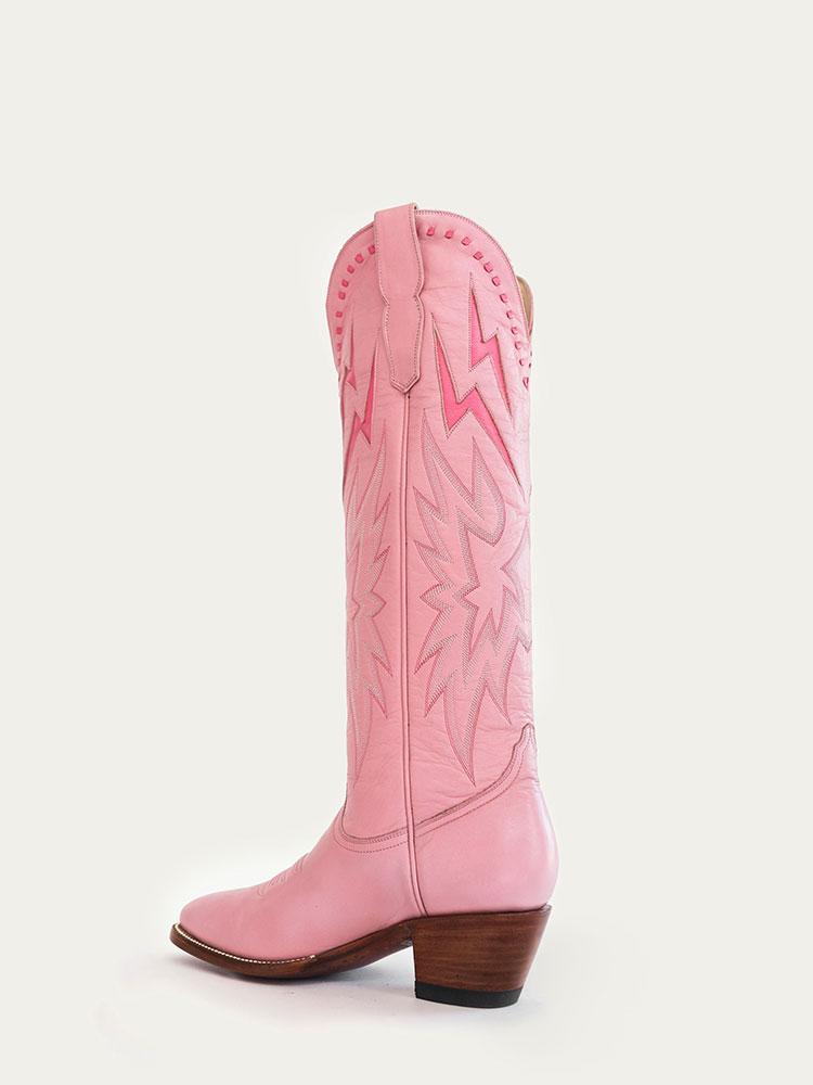 Pink Inlay Lightning Stitch Knee High Boots Slip-On Round Cowgirl Heeled Boots