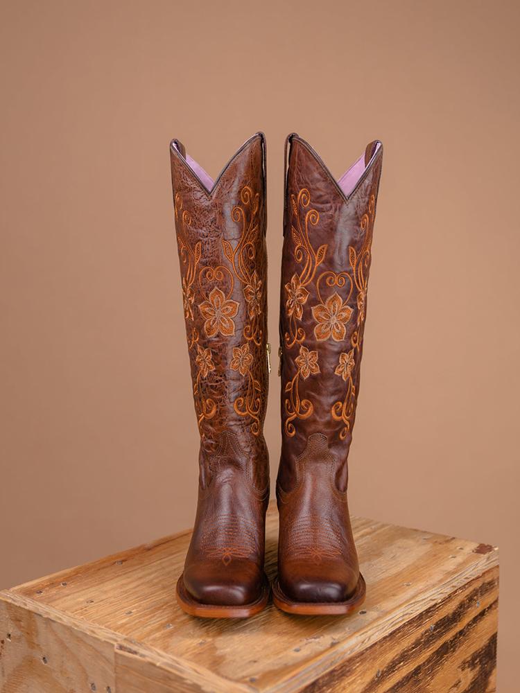 Brown Floral Embroidered Zip Square Mid Calf Cowgirl Genuine Leather Tall Boots