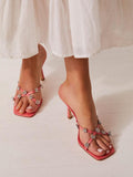 Flower Rhinestone Decor Cross Strap Square Stiletto Heel Backless Slip-On Sandals