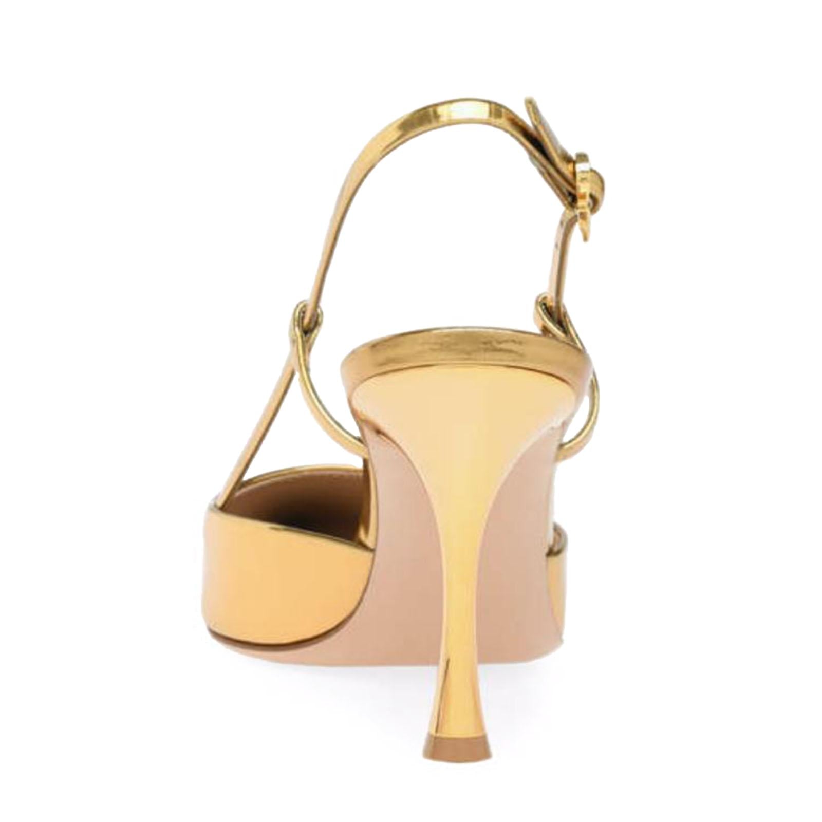 Gold Slingback Flared Heel Pumps Metal Ribbon Buckle Women Pumps