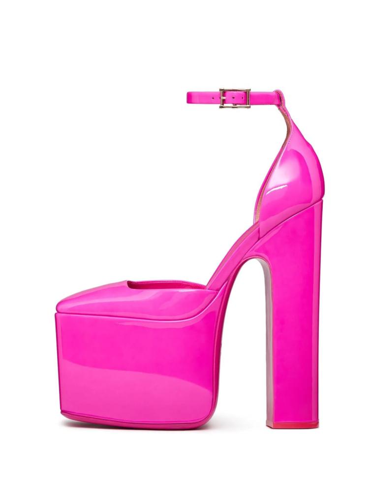 Hot Pink Patent Platform Square Toe Block High Heeled Pumps With Buckled Ankle Strap