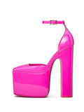 Hot Pink Patent Platform Square Toe Block High Heeled Pumps With Buckled Ankle Strap