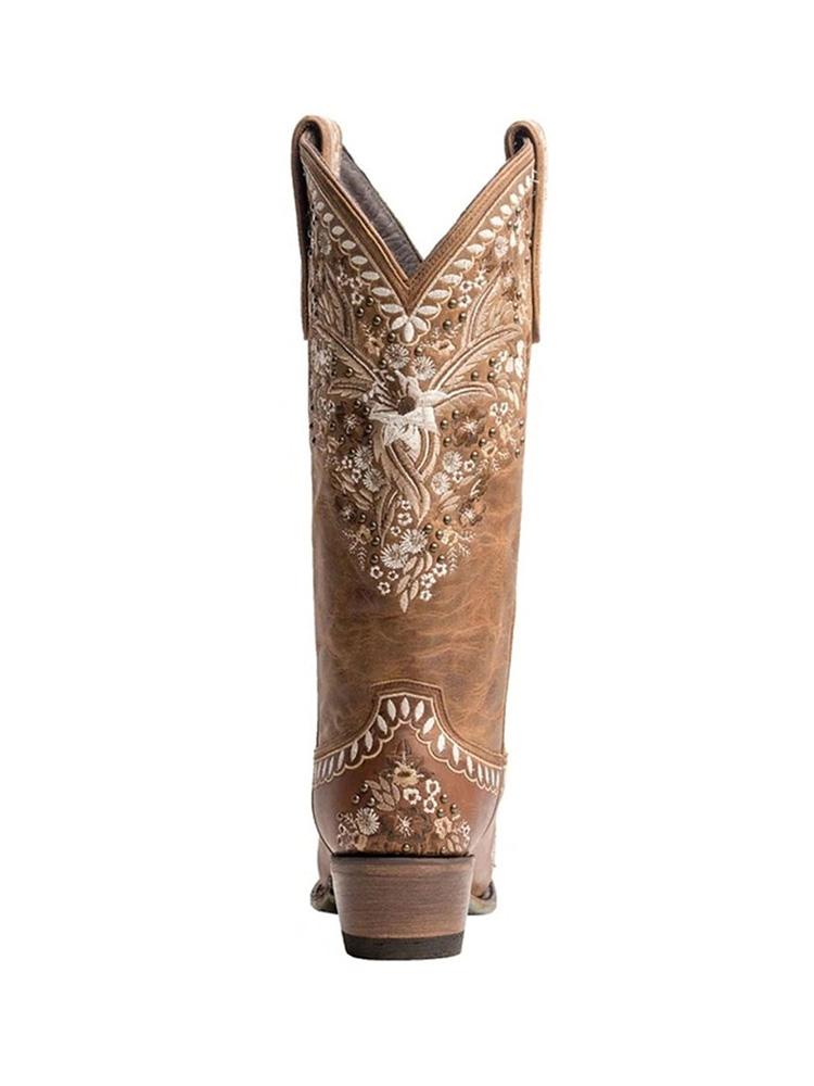 Brown Embroidery Studs Snip-toe Wide Calf Cowgirl Boots