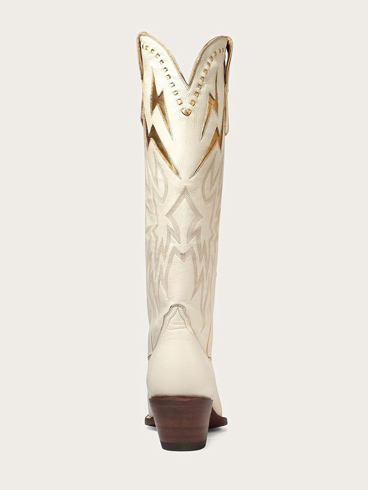 Bone Inlay Gold Lightning Knee High Boots Stitch Slip-On Round Cowgirl Heeled Boots