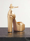 Metallic Gold Platform Block Heeled Sandals With Round Toe Ankle Strap