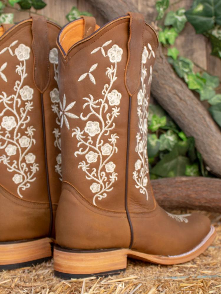 Women Mid Calf Cowboy Boots Embroidered Floral Square Toe Chunky Heel Western Boots